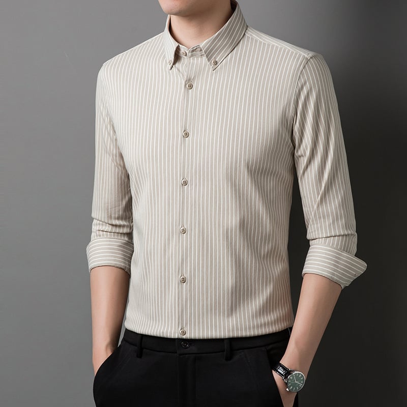 Meeste triibuline pikkade varrukatega särk, kõrge elastsus, kortsuvaba, kevad-sügise äriline igapäevane riietus