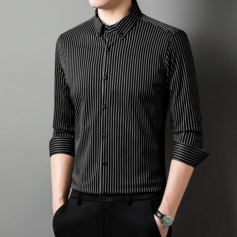 Meeste triibuline pikkade varrukatega särk, kõrge elastsus, kortsuvaba, kevad-sügise äriline igapäevane riietus