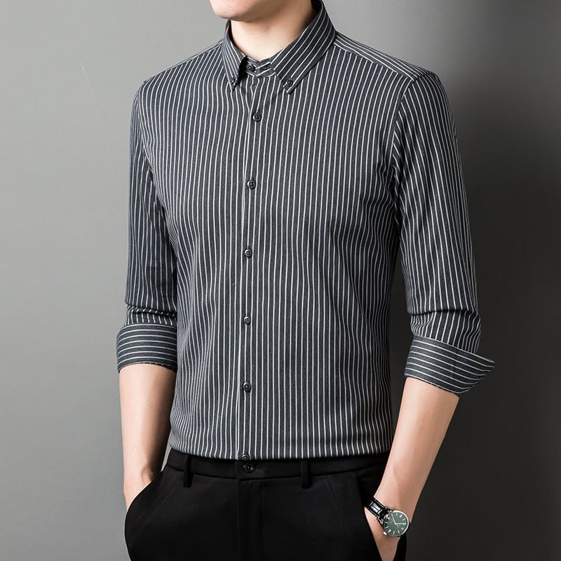 Meeste triibuline pikkade varrukatega särk, kõrge elastsus, kortsuvaba, kevad-sügise äriline igapäevane riietus