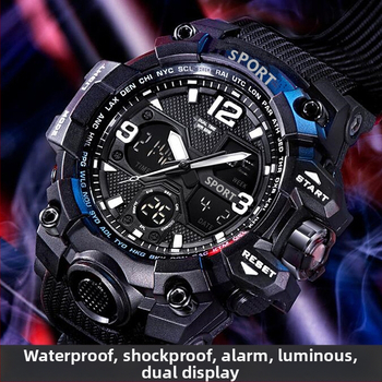 Elektroninis sportinis laikrodis su atsparumu vandeniui iki 10 m, žadintuvas, chronografas, kalendorius, 24 valandų rodyklė ir dienos rodyklė.