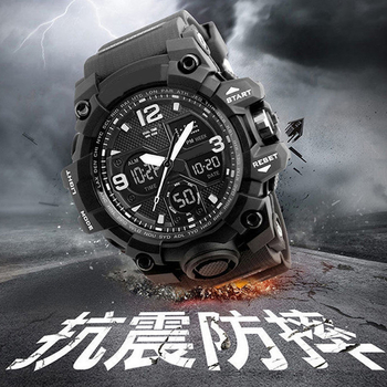 Elektroninis sportinis laikrodis su atsparumu vandeniui iki 10 m, žadintuvas, chronografas, kalendorius, 24 valandų rodyklė ir dienos rodyklė.