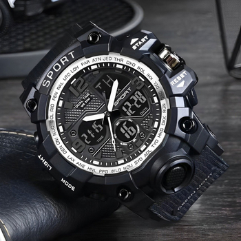 Elektroninis sportinis laikrodis su atsparumu vandeniui iki 10 m, žadintuvas, chronografas, kalendorius, 24 valandų rodyklė ir dienos rodyklė.