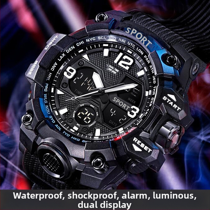 Elektroninis sportinis laikrodis su atsparumu vandeniui iki 10 m, žadintuvas, chronografas, kalendorius, 24 valandų rodyklė ir dienos rodyklė.