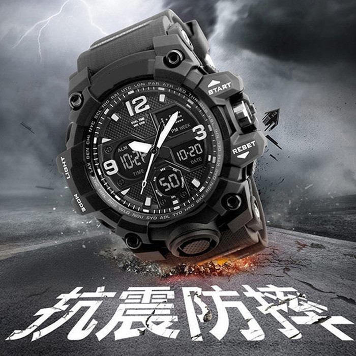 Elektroninis sportinis laikrodis su atsparumu vandeniui iki 10 m, žadintuvas, chronografas, kalendorius, 24 valandų rodyklė ir dienos rodyklė.