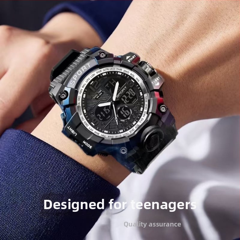 Elektroninis sportinis laikrodis su atsparumu vandeniui iki 10 m, žadintuvas, chronografas, kalendorius, 24 valandų rodyklė ir dienos rodyklė.