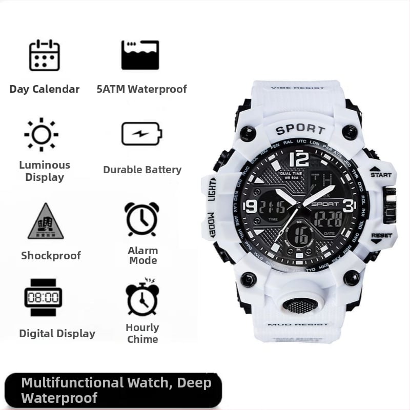 Elektroninis sportinis laikrodis su atsparumu vandeniui iki 10 m, žadintuvas, chronografas, kalendorius, 24 valandų rodyklė ir dienos rodyklė.