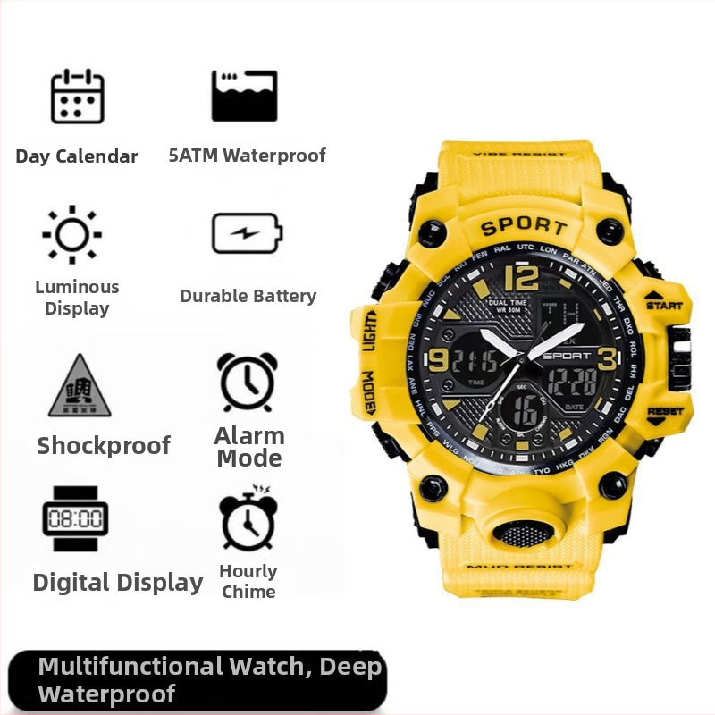 Elektroninis sportinis laikrodis su atsparumu vandeniui iki 10 m, žadintuvas, chronografas, kalendorius, 24 valandų rodyklė ir dienos rodyklė.