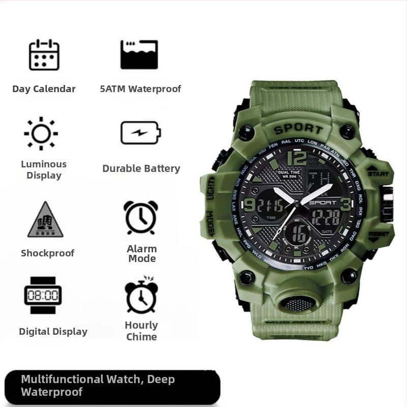 Elektroninis sportinis laikrodis su atsparumu vandeniui iki 10 m, žadintuvas, chronografas, kalendorius, 24 valandų rodyklė ir dienos rodyklė.