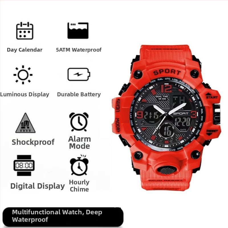 Elektroninis sportinis laikrodis su atsparumu vandeniui iki 10 m, žadintuvas, chronografas, kalendorius, 24 valandų rodyklė ir dienos rodyklė.
