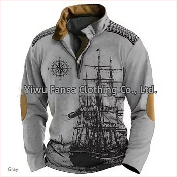 Meeste polo särk 3D digitaalse trükiga, Mere seiklusajastu motiiv, bambus-kanepi kiud, püsti krae, poole ZIP, vaba lõige