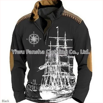 Meeste polo särk 3D digitaalse trükiga, Mere seiklusajastu motiiv, bambus-kanepi kiud, püsti krae, poole ZIP, vaba lõige