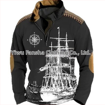 Meeste polo särk 3D digitaalse trükiga, Mere seiklusajastu motiiv, bambus-kanepi kiud, püsti krae, poole ZIP, vaba lõige