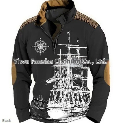 Meeste polo särk 3D digitaalse trükiga, Mere seiklusajastu motiiv, bambus-kanepi kiud, püsti krae, poole ZIP, vaba lõige