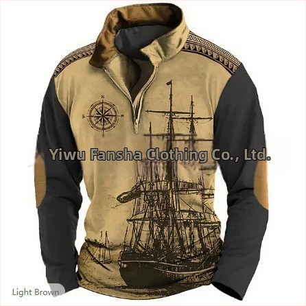 Meeste polo särk 3D digitaalse trükiga, Mere seiklusajastu motiiv, bambus-kanepi kiud, püsti krae, poole ZIP, vaba lõige