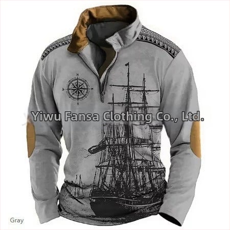 Meeste polo särk 3D digitaalse trükiga, Mere seiklusajastu motiiv, bambus-kanepi kiud, püsti krae, poole ZIP, vaba lõige