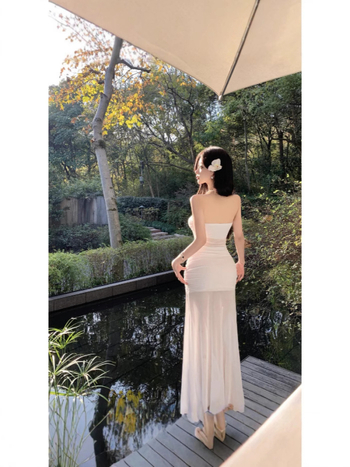 Rochie lungă din poliester, fără bretele, talie elastică, stil tube-top