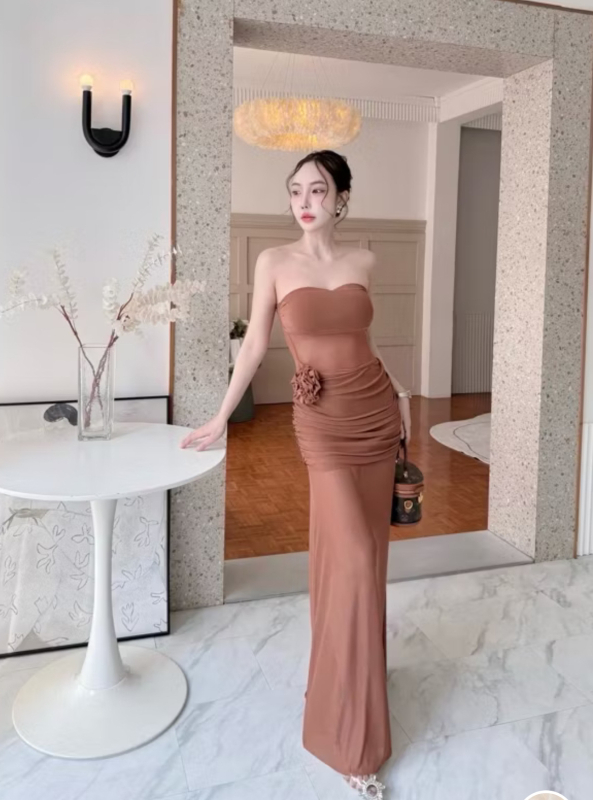 Rochie lungă din poliester, fără bretele, talie elastică, stil tube-top