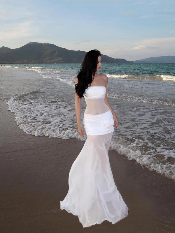 Rochie lungă din poliester, fără bretele, talie elastică, stil tube-top