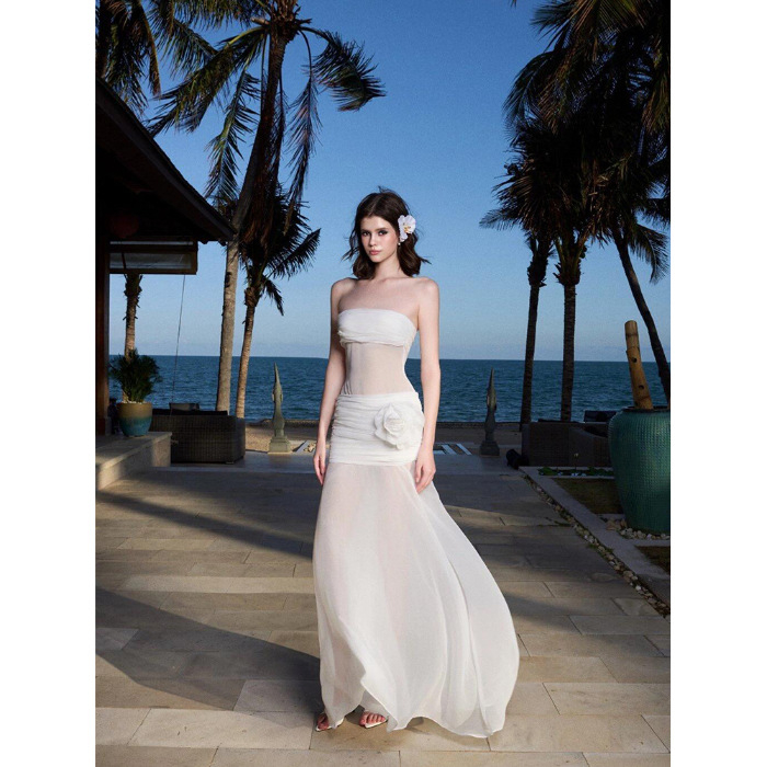 Rochie lungă din poliester, fără bretele, talie elastică, stil tube-top