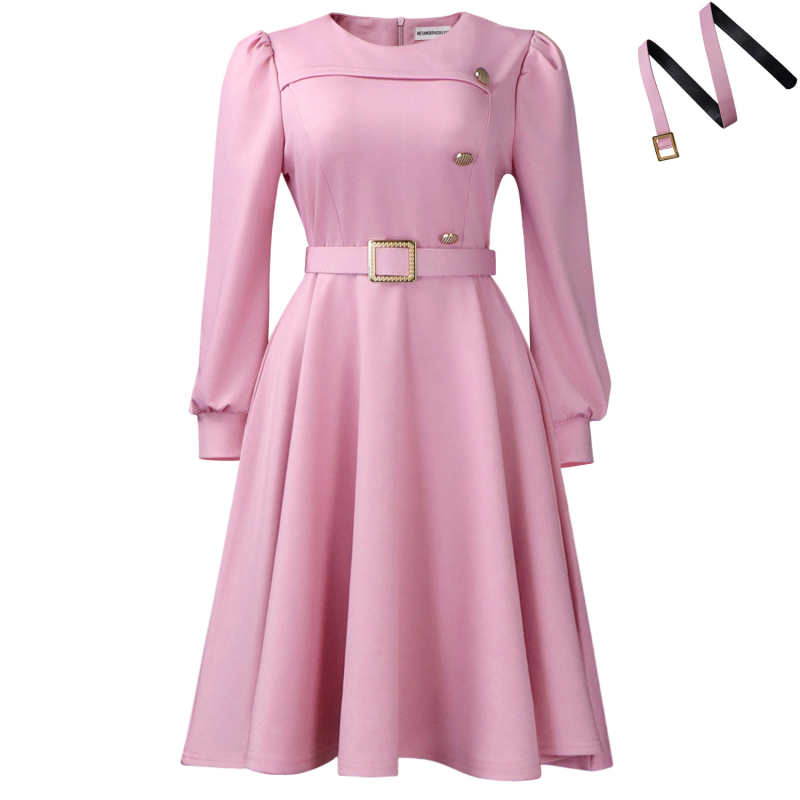 Rochie tricotată în linie A, decolteu rotund, mâneci lungi, talie înaltă, lungime medie