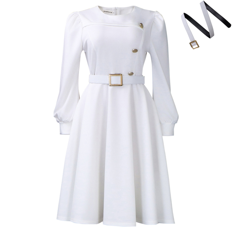 Rochie tricotată în linie A, decolteu rotund, mâneci lungi, talie înaltă, lungime medie