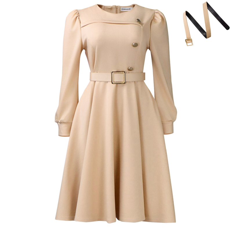 Rochie tricotată în linie A, decolteu rotund, mâneci lungi, talie înaltă, lungime medie