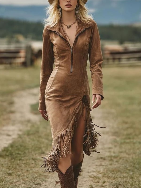 Semišna haljina s resicama, dugi rukav, zapadnjački kaubojski stil, uski kroj