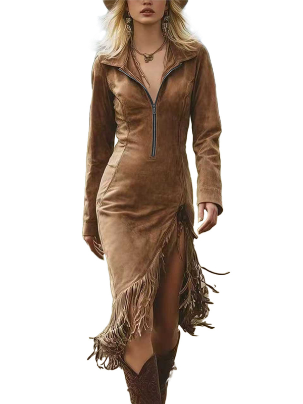 Semišna haljina s resicama, dugi rukav, zapadnjački kaubojski stil, uski kroj