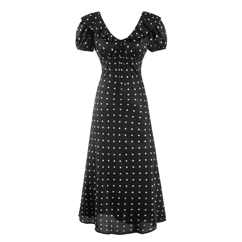 Φόρεμα με πουά μοτίβο, φουσκωτά μανίκια, V-λαιμό, μακρύ Α-γραμμής σιλουέτα με βολάν