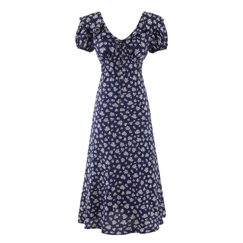 Φόρεμα με πουά μοτίβο, φουσκωτά μανίκια, V-λαιμό, μακρύ Α-γραμμής σιλουέτα με βολάν