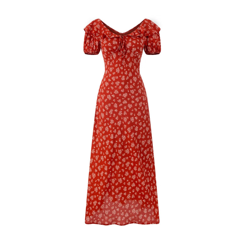 Φόρεμα με πουά μοτίβο, φουσκωτά μανίκια, V-λαιμό, μακρύ Α-γραμμής σιλουέτα με βολάν