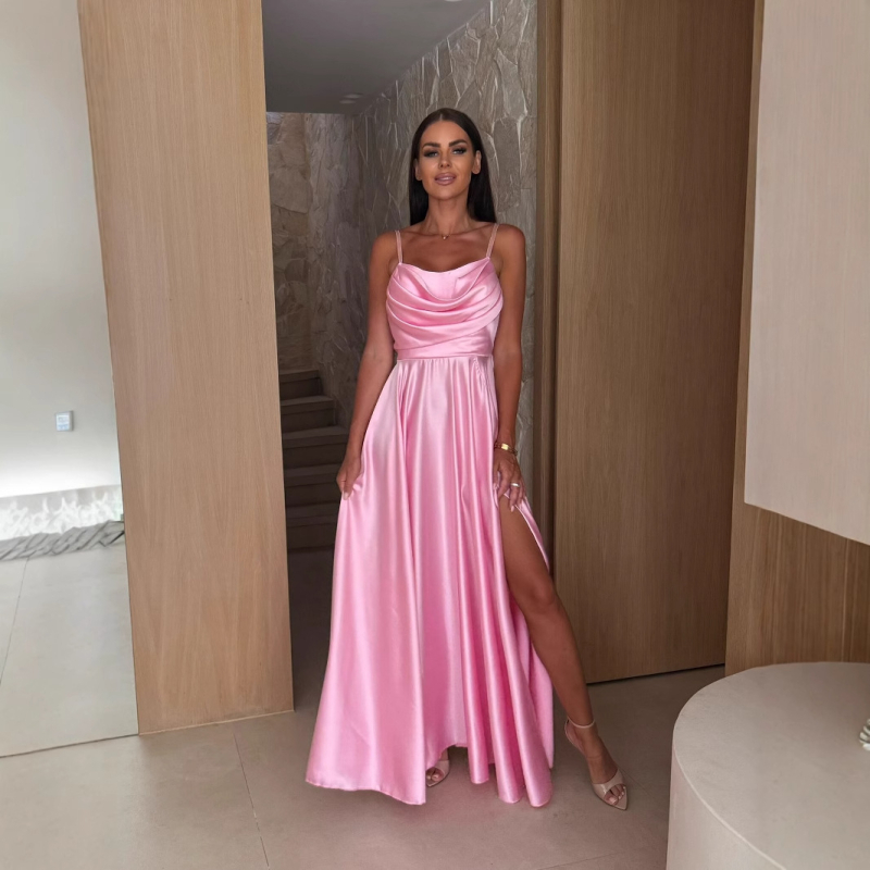 Elegantna haljina bez naramenica s plisiranom dugom suknjom, poliester, ljetni model 2025