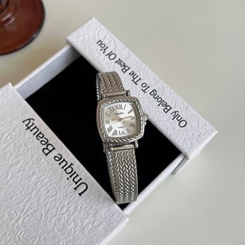 Naidu ceas de damă cu cuarț, cadran pătrat și curea din plasă metalică, carcasă din metal, stil fashion