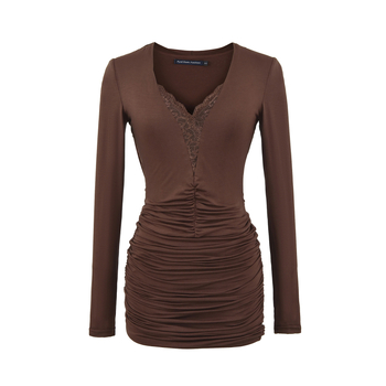 Rochie cu decolteu în V, mâneci lungi, croială în A, material Spandex, lansare toamnă 2025