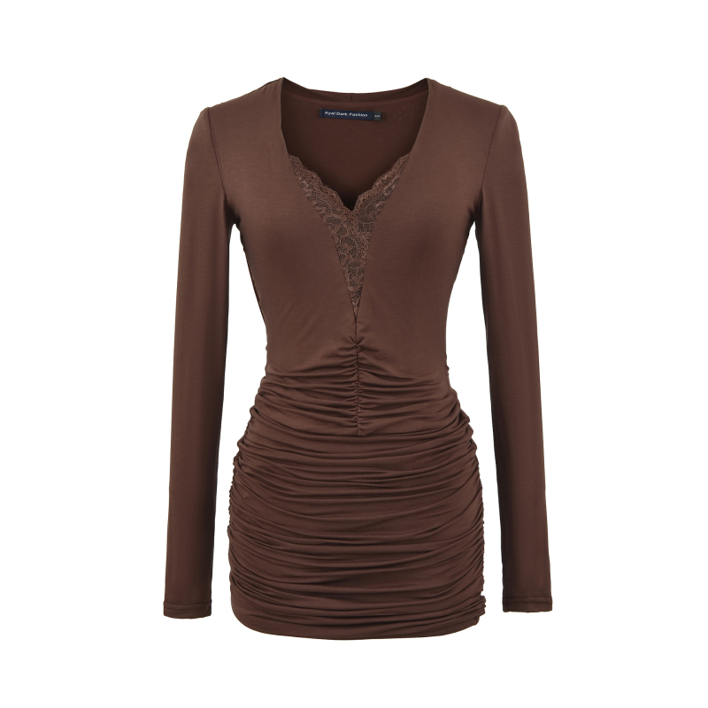 Rochie cu decolteu în V, mâneci lungi, croială în A, material Spandex, lansare toamnă 2025