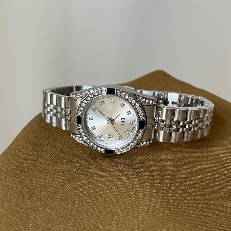 Ceas quartz pentru femei, brățară din oțel, carcasă din aliaj, cadran rotund, fără rezistență la apă.