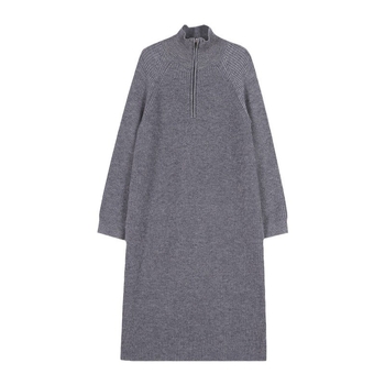 Pletena haljina s ovratnikom, srednja duljina, A-linijski kroj, dugi rukavi, pulover stil