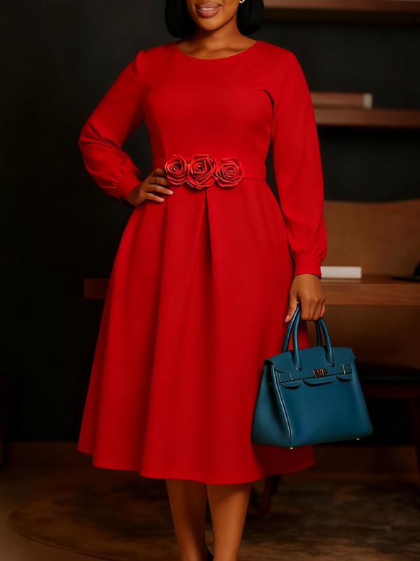 D602 Elegantna A-linijska haljina od elastičnog poliestera s elastanom, srednje duljine, okrugli izrez, 3D cvjetni dizajn