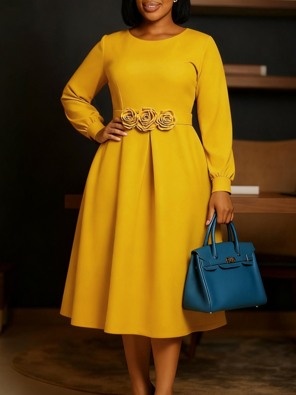 D602 Elegantna A-linijska haljina od elastičnog poliestera s elastanom, srednje duljine, okrugli izrez, 3D cvjetni dizajn