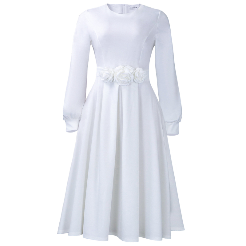 D602 Elegantna A-linijska haljina od elastičnog poliestera s elastanom, srednje duljine, okrugli izrez, 3D cvjetni dizajn