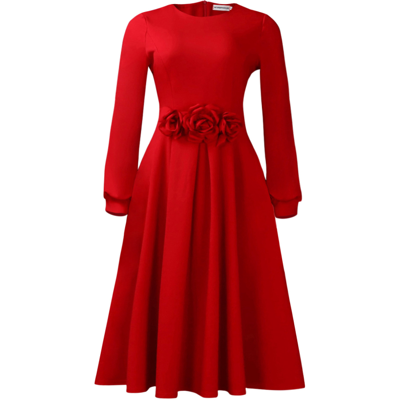 D602 Elegantna A-linijska haljina od elastičnog poliestera s elastanom, srednje duljine, okrugli izrez, 3D cvjetni dizajn