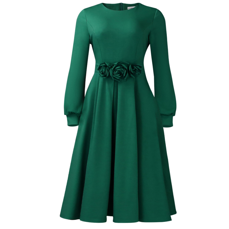 D602 Elegantna A-linijska haljina od elastičnog poliestera s elastanom, srednje duljine, okrugli izrez, 3D cvjetni dizajn