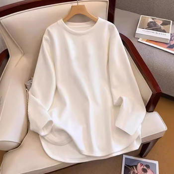 Ženski pamučni T-shirt s dugim rukavima, slobodan kroj, jednofarbni uzorak, okrugli izrez (Glavni materijal: >95% pamuk; Drugi sastav: spandeks ispod 30%; Uzorak: jednofarbni; Kroj: slobodan; Ovratnik: okrugli)