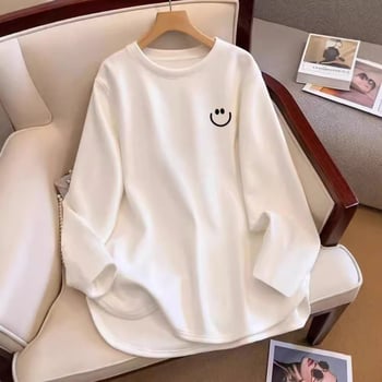 Ženski pamučni T-shirt s dugim rukavima, slobodan kroj, jednofarbni uzorak, okrugli izrez (Glavni materijal: >95% pamuk; Drugi sastav: spandeks ispod 30%; Uzorak: jednofarbni; Kroj: slobodan; Ovratnik: okrugli)