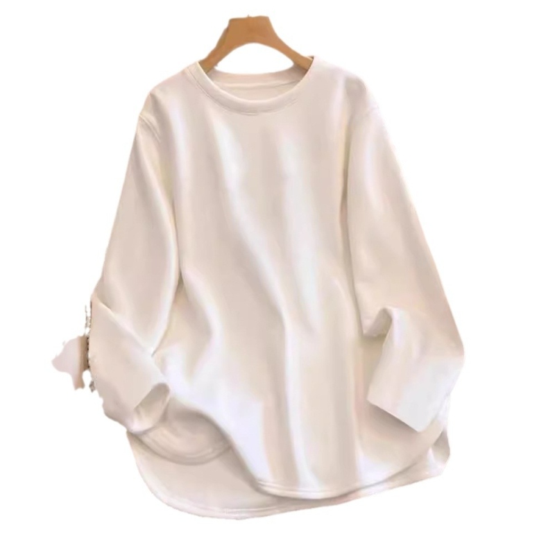 Ženski pamučni T-shirt s dugim rukavima, slobodan kroj, jednofarbni uzorak, okrugli izrez (Glavni materijal: >95% pamuk; Drugi sastav: spandeks ispod 30%; Uzorak: jednofarbni; Kroj: slobodan; Ovratnik: okrugli)