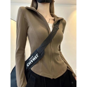 Tricou T-shirt din poliester cu guler înalt, croi slim, mâneci lungi, lungime scurtă, Iarna 2024