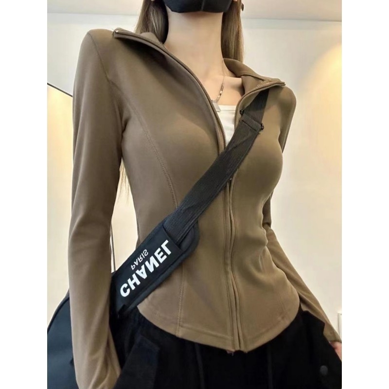 Tricou T-shirt din poliester cu guler înalt, croi slim, mâneci lungi, lungime scurtă, Iarna 2024