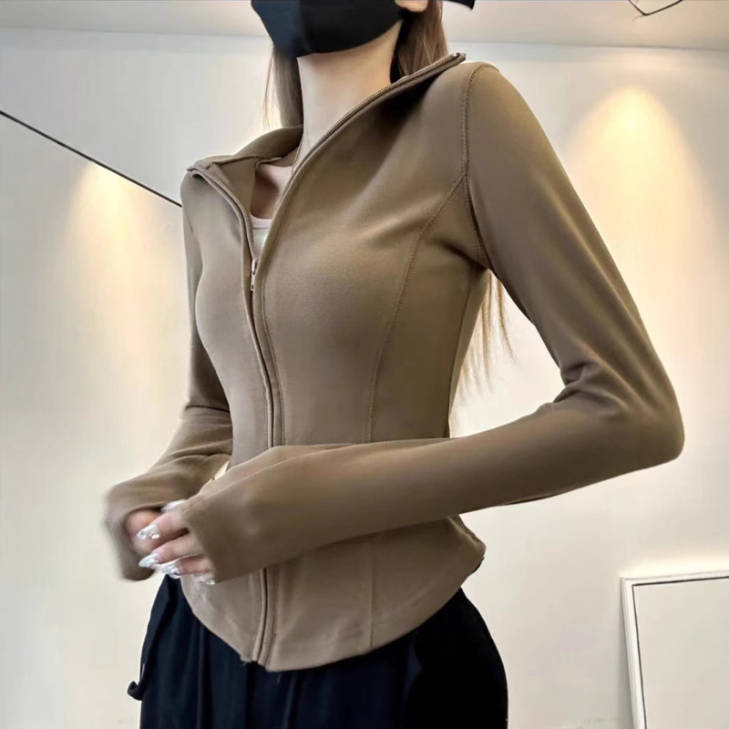 Tricou T-shirt din poliester cu guler înalt, croi slim, mâneci lungi, lungime scurtă, Iarna 2024