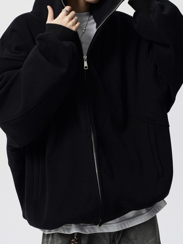Hooded sweatshirt s dekonstruiranim dizajnom koláže, široki kroj, srednja duljina, zatvarač
