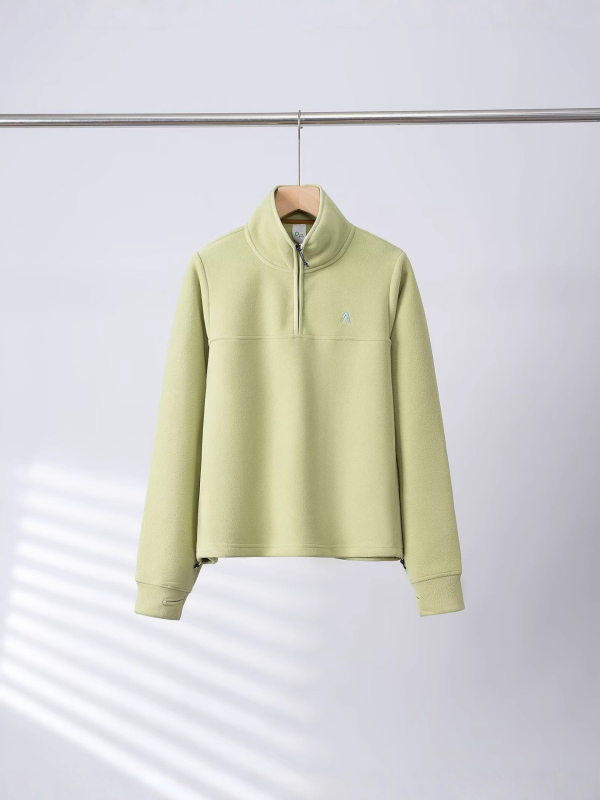Ženska fleece dukserica s kapuljom, polu-zipom i stojećim ovratnikom, redovita kroj, dugi rukav, fleece materijal, 95%+ poliester